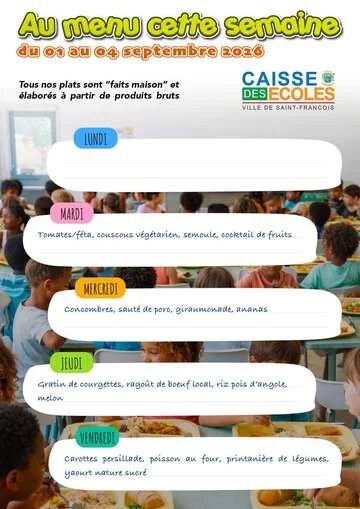 Menus Écoles - Menus des écoles du 1er au 4 Septembre 2026