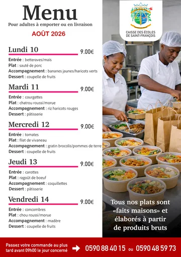 Menus Adultes - Menus pour adultes du 10 au 14 août 2026