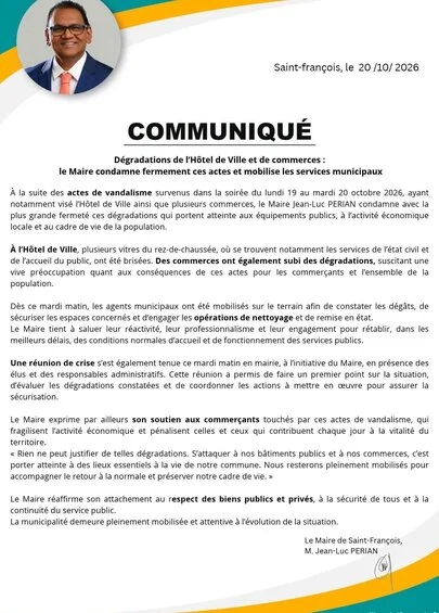 Communiqué du Maire M. Jean-luc PERIAN : dégradations de l'Hôtel de Ville et des commerces. 