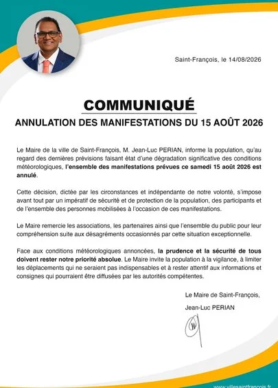 Annulation des manifestations du samedi 15 août 2026