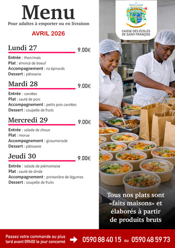 Menus Adultes - Menus pour adultes du 27 au 30 avril 2026