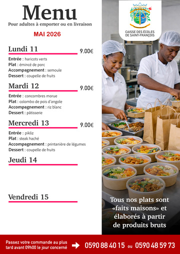 Menus Adultes - Menus pour adultes du 11 au 13 mai 2026