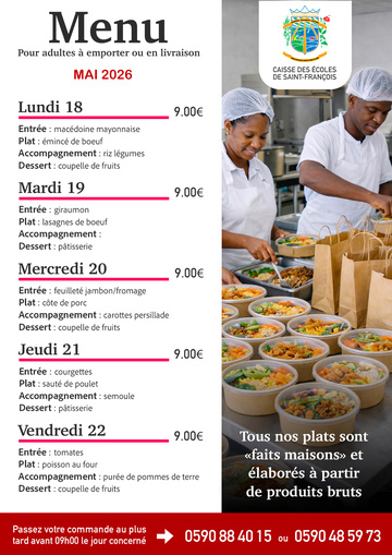 Menus Adultes - Menus pour adultes du 18 au 22 mai 2026
