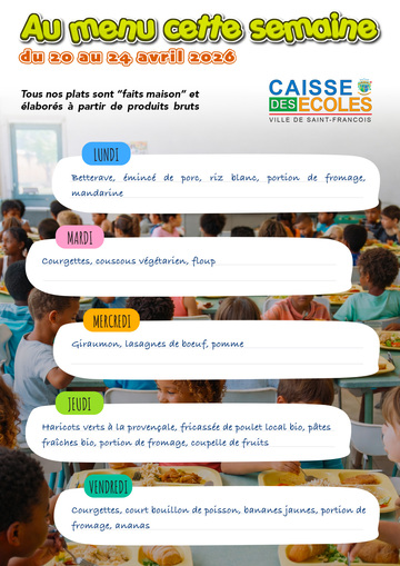 Menus Écoles - Menus des écoles du 20 au 24 avril 2026