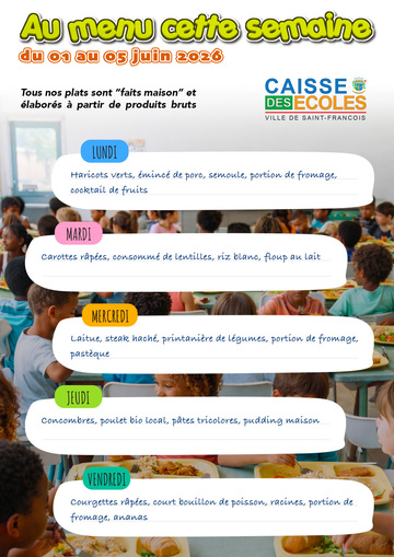 Menus Écoles - Menus des écoles du 1er au 5 juin 2026