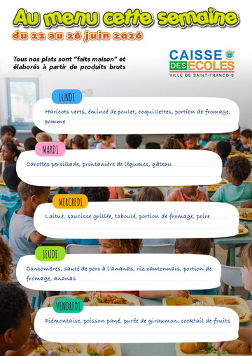 Menus Écoles - Menus des écoles du 22 au 26 juin 2026