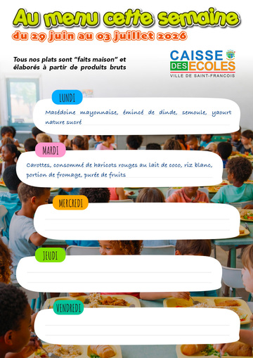 Menus Écoles - Menus des écoles du 29 juin au 3 juillet 2026