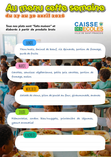 Menus Écoles - Menus des écoles du 27 au 30 avril 2026