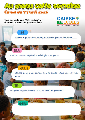 Menus Écoles - Menus des écoles du 4 au 7 mai 2026